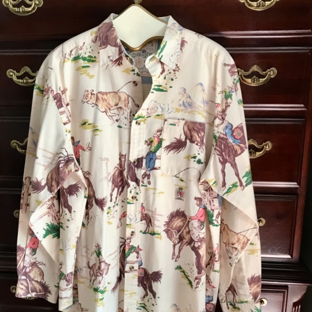 RARE VINTAGE Tommy Hilfiger Western Print Shirt - Cream, Brown, Red, Green - Picture 14 of 15